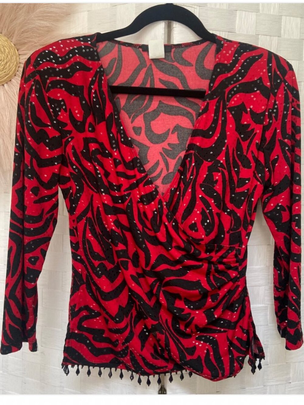 MSK Black Red Sequin Dress Top V Neck Beaded Tassel Size M